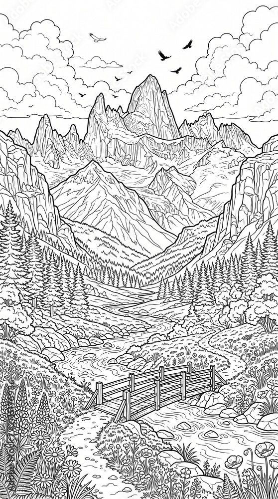 Fototapeta premium Detailed black and white line art illustration of a majestic mountain landscape with a river valley and a rustic wooden bridge