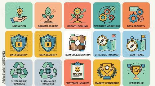 Modern colorful corporate icon set vector featuring concepts of success workflow environmental care protection and strategic progress