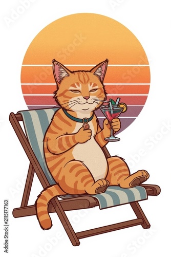 A ginger cat is relaxing in a chaise longue on the beach against the backdrop of a tropical sunset with a palm tree and drinking a cocktail.