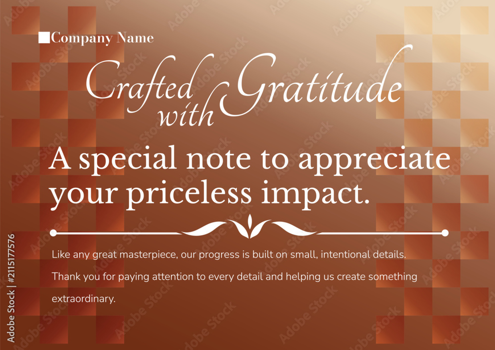 Naklejka premium Crafted with Gratitude Thank You Card Vector Template with Bronze Copper Grid Background and Elegant Script for Corporate Employee Appreciation