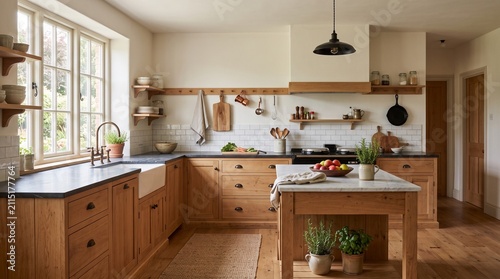 Traditional country kitchen interior with natural wood cabinets central island and white tile backsplash