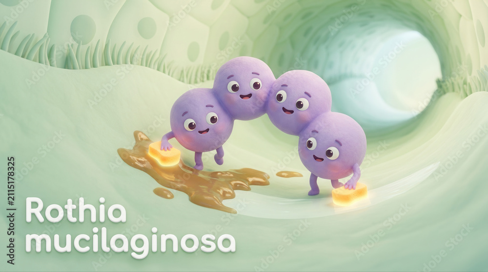 Fototapeta premium Vibrant gut ecosystem showcasing playful interactions of rothia mucilaginosa bacteria in a colorful setting