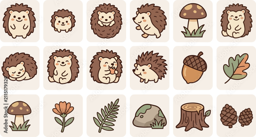 Naklejka premium Collection of adorable hedgehog character icons with forest elements like mushrooms, leaves, and pine cones flat