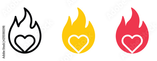 Foto Heart on Fire: A symbolic graphic featuring three stylized hearts engulfed in flames, representing passion, love, and intense emotion