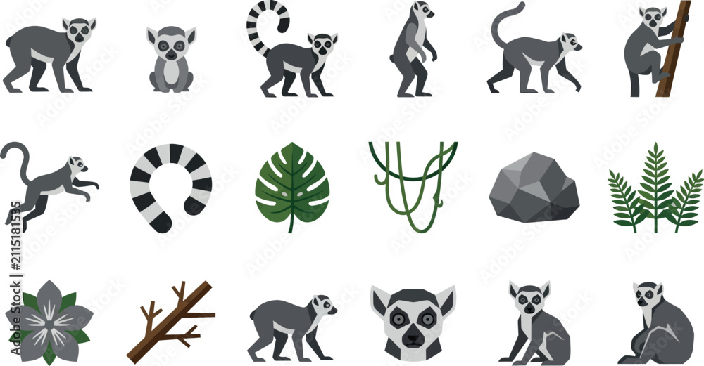 Obraz premium Collection of flat vector lemur icons showcasing diverse movements and tropical jungle foliage environment