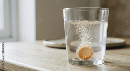 Close up of orange vitamin C effervescent tablet dissolving in glass of water. Bubbling fizzy health supplement drink on wooden table in natural light