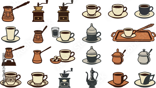 Bild auf Leinwand Comprehensive collection of flat vector turkish coffee icons showing various cup