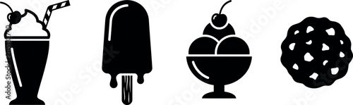 Quadro su tela A minimalist set of four black and white vector icons representing classic sweet desserts including a milkshake, popsicle, ice cream bowl, and chocolate chip cookie