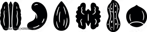 A horizontal collection of six distinct black and white minimalist nut icons representing various popular varieties including pecans, cashews, almonds, walnuts, peanuts, and hazelnuts isolated.