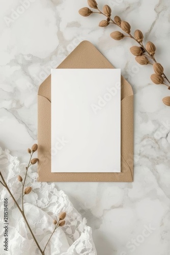 Mockup of a beige envelope with a blank white sheet of paper for text lying on a marble surface surrounded by dried flowers and soft shadows from plants.