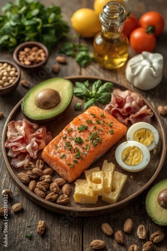 A diverse set of foods for the keto diet, containing baked red fish, avocado, cheese, nuts, scrambled eggs, and bacon.