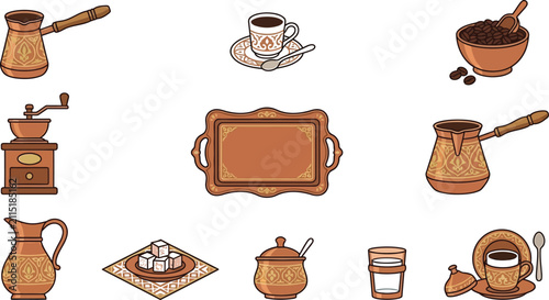 Foto Elegant flat vector icons of turkish coffee service with ornate copper pots, cof