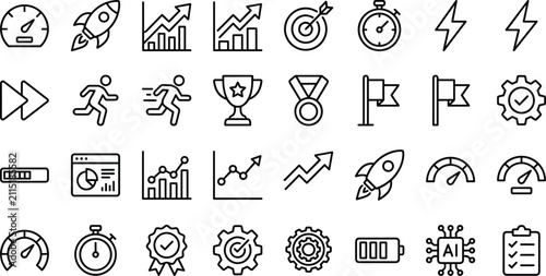 Business Performance Optimization Line Icon Set with Rocket Speedometer Target Trophy Stopwatch Progress Bars and Artificial Intelligence AI Symbols for Tech Startup Designs