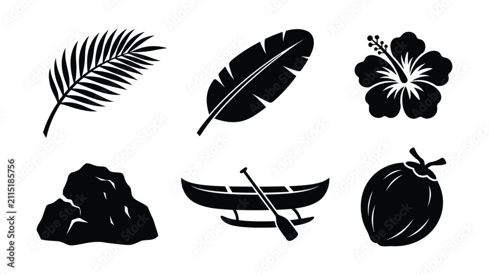 Fototapeta premium Black tropical nature icons set flat design