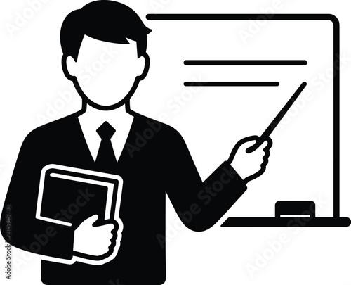 Teacher pointing at whiteboard with book icon vector illustration