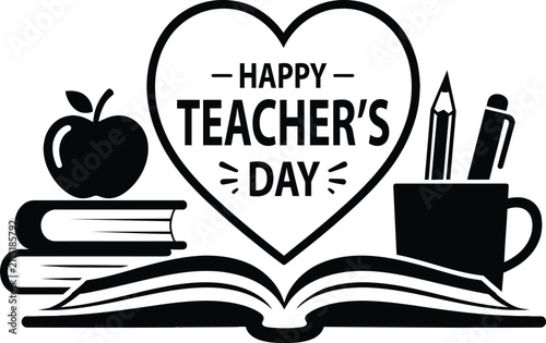 Happy Teachers Day Vector Illustration with Books Apple and Heart