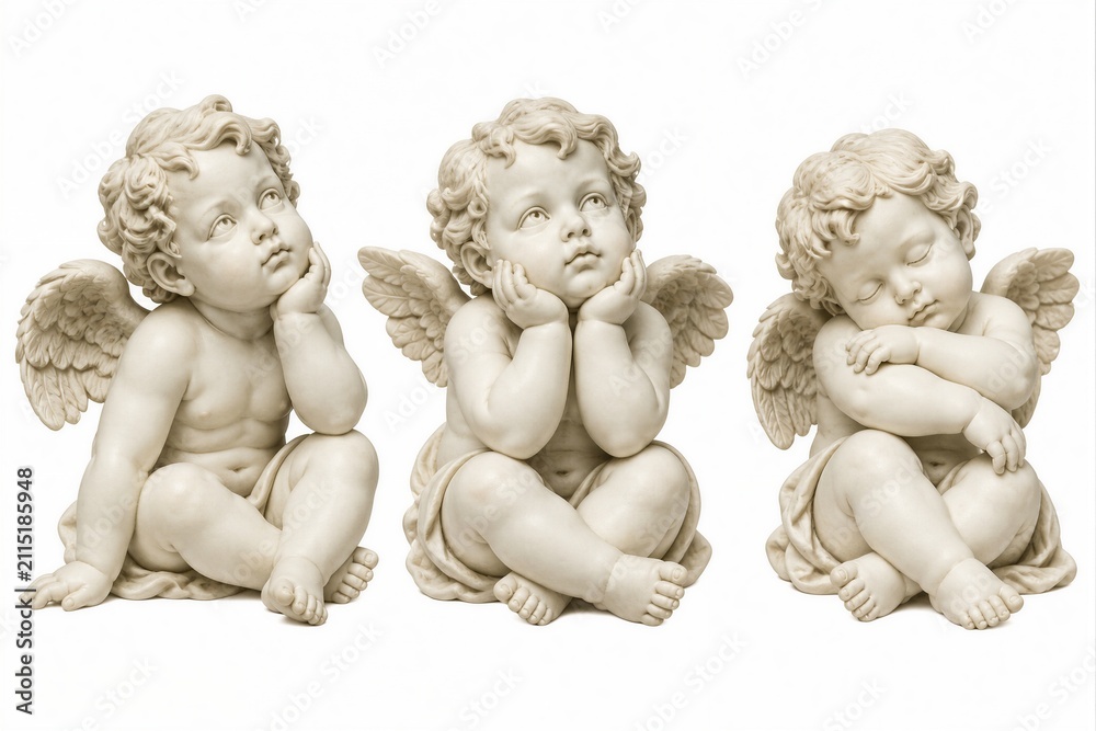 Obraz premium Three cherub statues sit side by side. One cherub looks upwards, another rests with hands on cheeks, and the third has eyes closed. The statues have soft, detailed features.