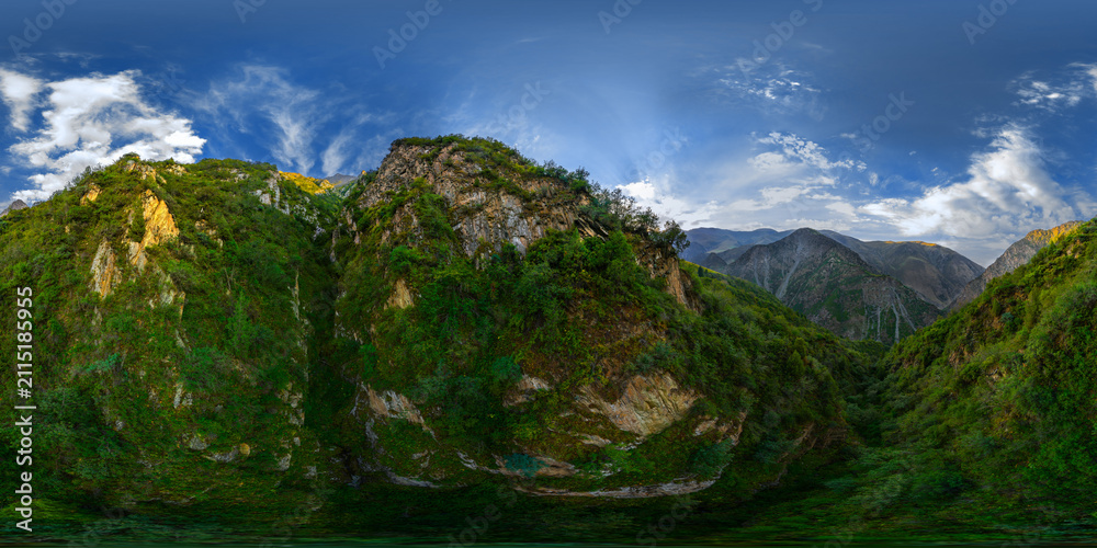 Fototapeta premium 360-Degree Mountain Valley Panorama with Lush Greenery