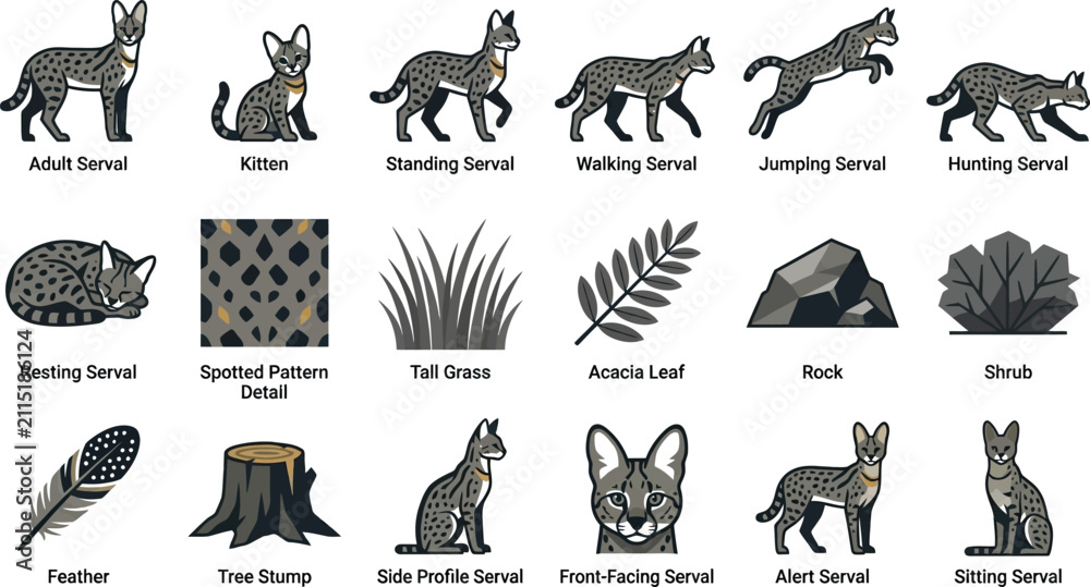 Obraz premium Detailed flat vector serval cat icon collection showcasing diverse poses and African savanna habitat design assets