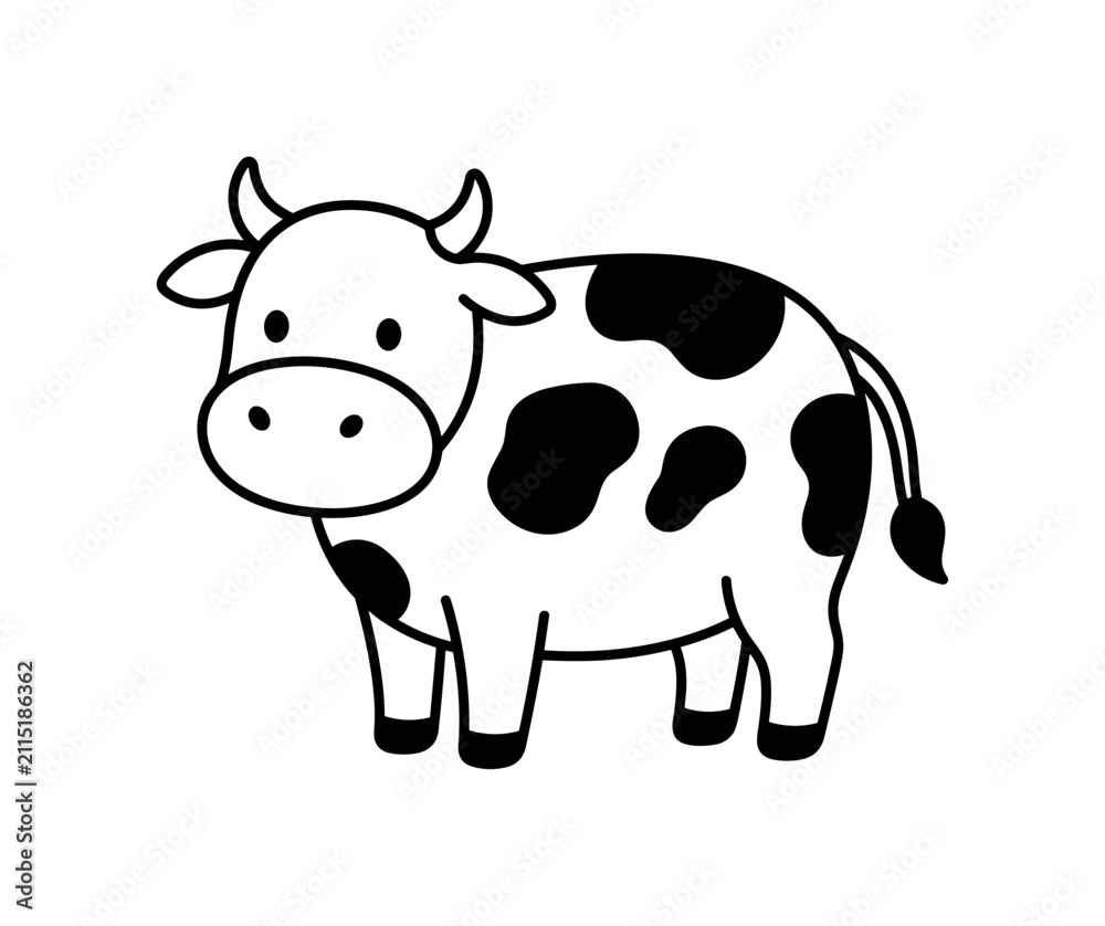 Obraz premium Simple black cow icon with rounded body and spots, cow, icon, animal, farm, cattle, spots, horns, ears, tail, black, white,