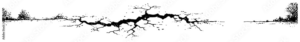 Obraz premium Horizontal Earth Fissure and Ground Crack Vector, Hand Drawn Landscape with Broken Surface and Trees, Ink Sketch of Geological Rift