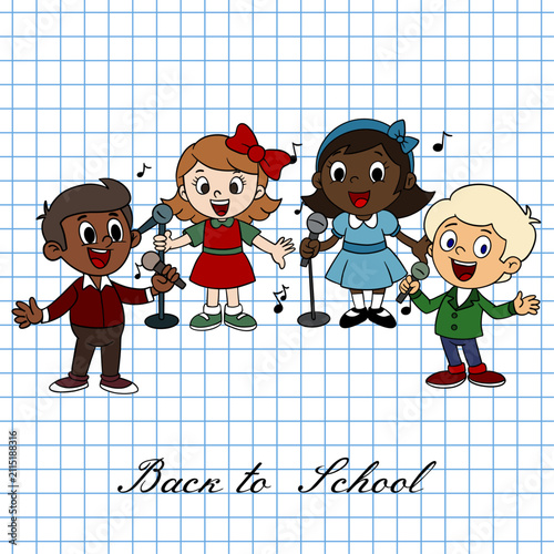 Hand-drawn Back to School scene illustrated on notebook grid paper background in full color. The composition features cheerful school-themed elements