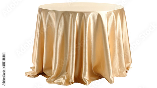 Fotografía Luxury gold satin round banquet table cloth draping to floor in a formal event s