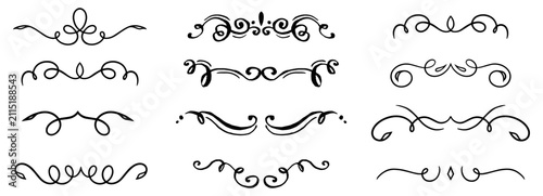 Collection of black swirling decorative flourishes on white background, ornament vintage