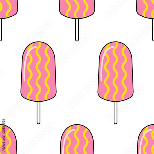 Seamless pattern of pink popsicle ice cream on stick with yellow wavy stripes, summer dessert