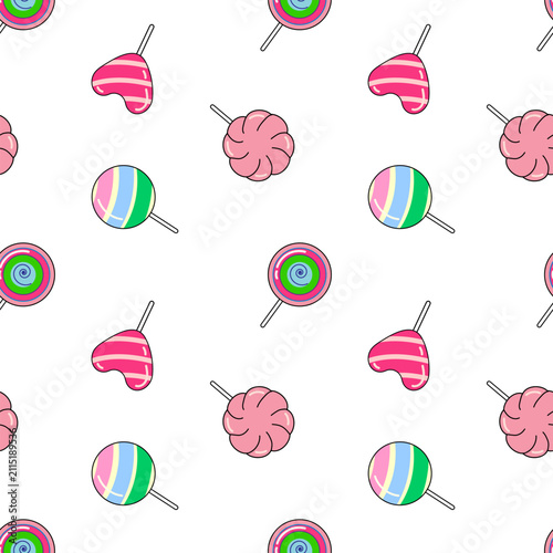 Seamless pattern of colorful lollipops and candy on sticks, sweet dessert flat design