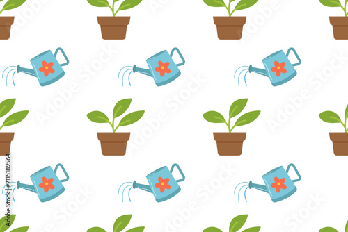 Seamless pattern of blue watering can and potted seedlings, gardening flat design illustration
