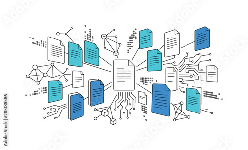 Digital document files floating in blue data space, documents, digital, files, data, blue, technology, network, interface, storage