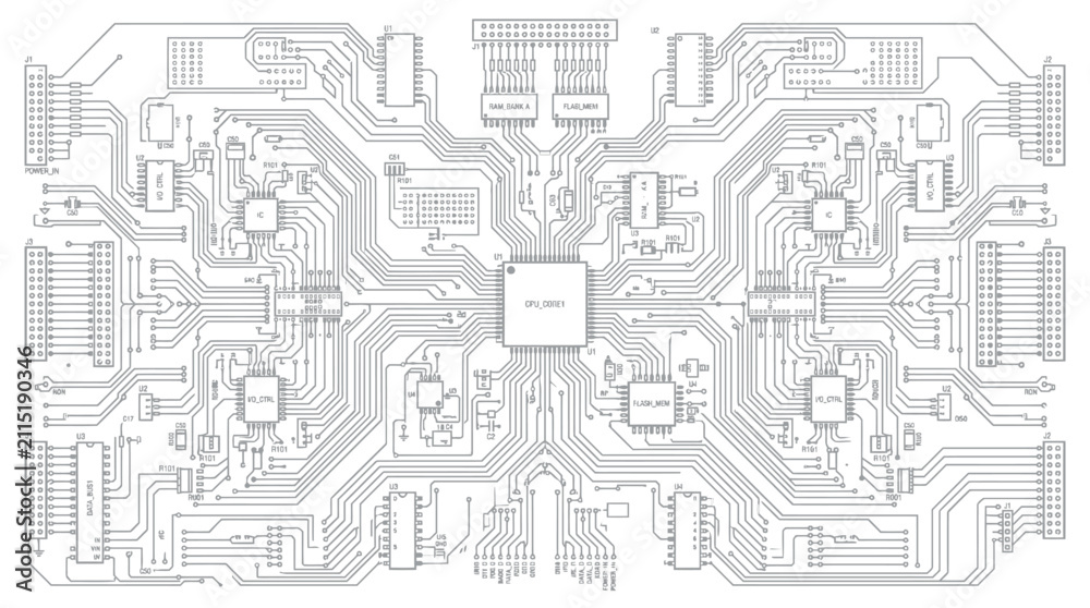 Obraz premium Detailed digital circuit board diagram featuring integrated processor chips and complex electrical pathways for computing systems