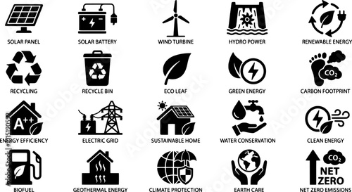 Set of sixteen black and white icons representing renewable energy and eco-friendly concepts