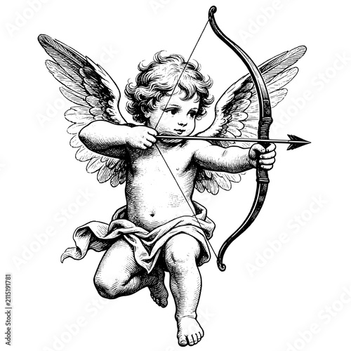 A classic cherub with wings aiming a bow and arrow  evokes illustration hand drawn engraving style