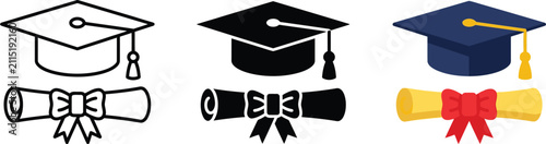 Graduation hat with diploma icon set. Student hat with academic degree certificate vector illustration. College, school and university graduation ceremony concept