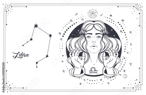 Vector line art of Libra zodiac woman with sacred geometry and constellation chart. Modern mystical astrology illustration connected with harmony, horoscope symbolism and new age spirituality.
