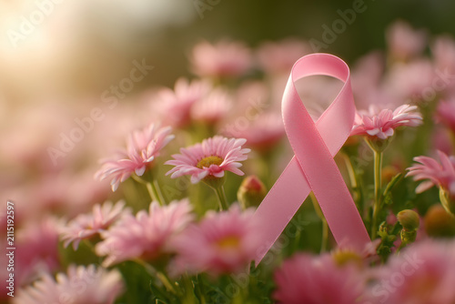 Pink ribbon for breast cancer awareness standing among beautiful blooming daisy flowers in a sunny field