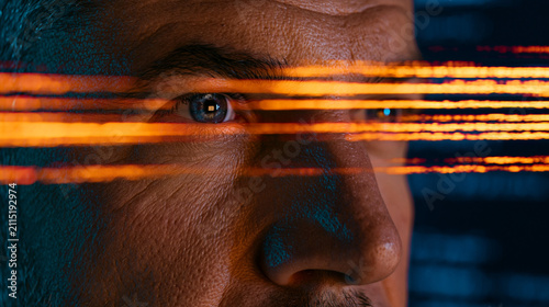 Man's Eye Peering Through Orange Neon Lines