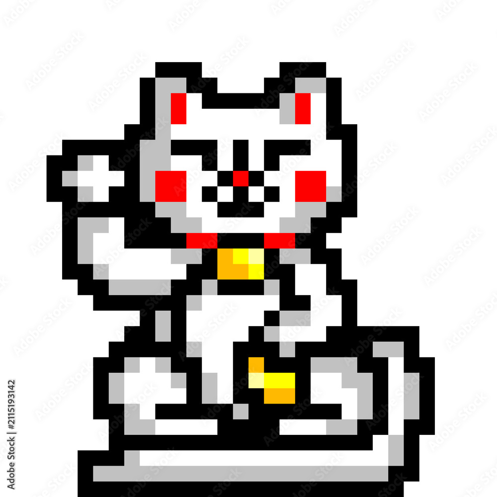 Fototapeta premium Maneki neko cartoon cat. Pixel art style illustration. Icon, traditional asian symbol.