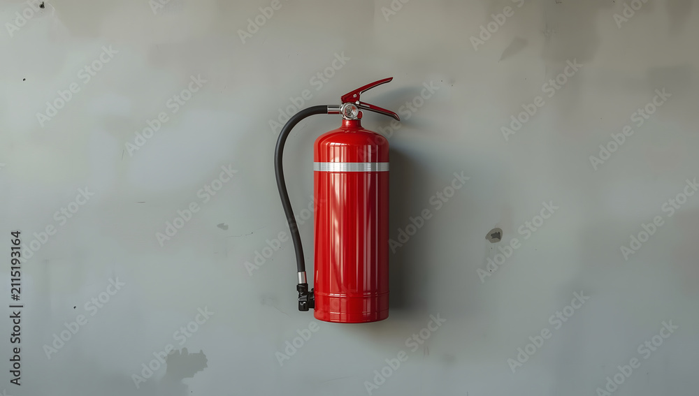 Obraz premium Red fire extinguisher mounted on gray wall