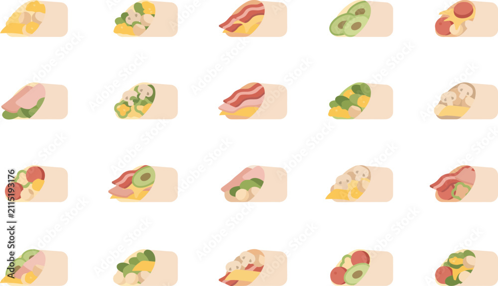 Fototapeta premium Collection of minimal flat vector icons showing various burrito wraps and sandwich rolls with diverse fillings
