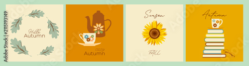 Foto Warm autumn home decoration or greeting card designs collection with teapot, coffee, sunflower, books end leaf wreath