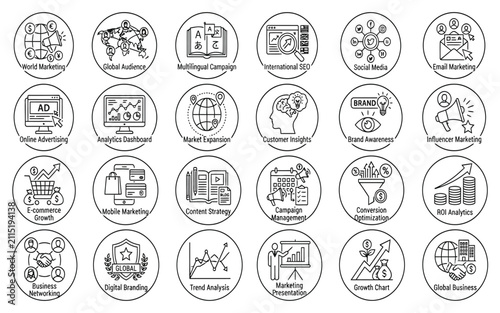Digital Marketing and Business Strategy Round Line Icon Set, Outline Collection of Social Media, SEO, and Analytics Icons