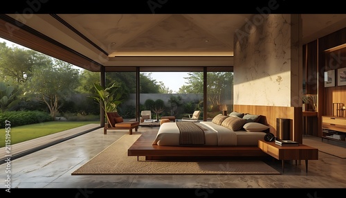 Expansive organic modern bedroom with panoramic garden-facing windows and walnut platform bed