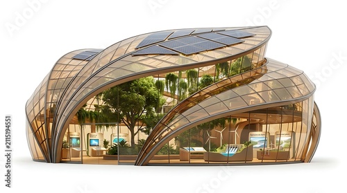 Futuristic Biophilic Pavilion with Curved Timber Structure and Indoor Garden