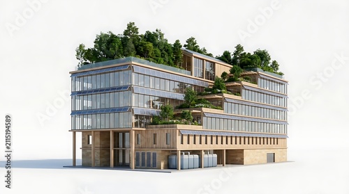 Modern Eco-Friendly Office Complex with Green Roof Terrace and Sustainable Design