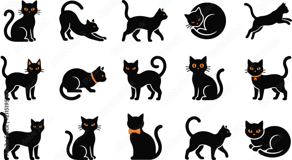 Fototapeta premium Set of various black cat silhouettes in different poses for halloween holiday decorations and spooky graphic design projects