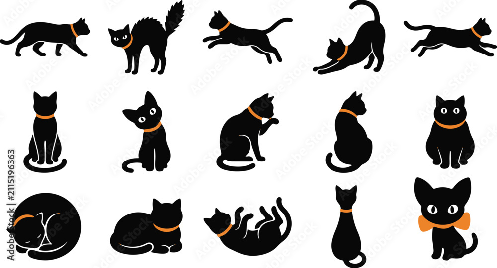 Fototapeta premium Set of various black cat silhouettes in different poses perfect for halloween decorations and spooky graphic design projects