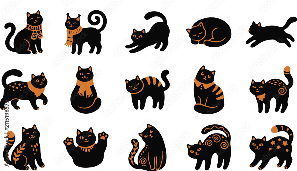 Obraz premium Set of cute hand drawn black cat illustrations for halloween decorations and festive seasonal scrapbooking design elements